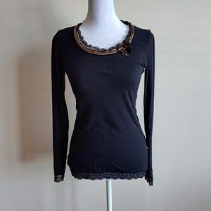 New VDP Women's Italian Black Long Sleeves Stretchy Shirt Top Size 40 / S